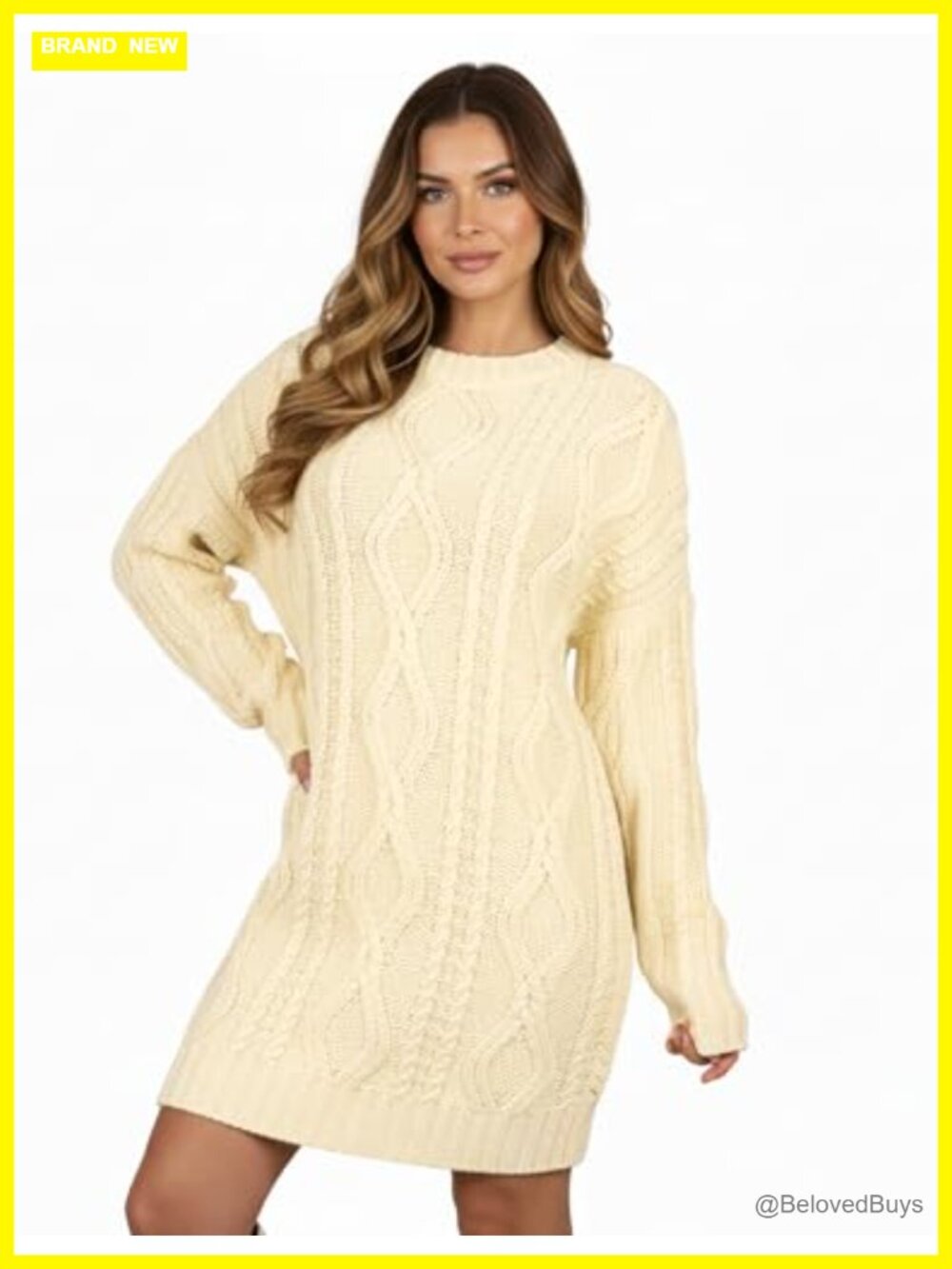 Cable Knit Sweater Dress Crew Neck Oversized Loose Fit Long Sleeve Tunic